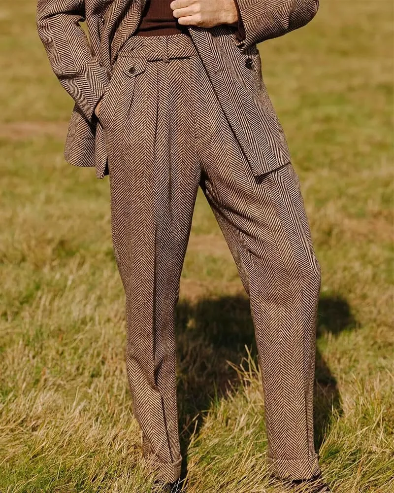 Men's High Waisted Tweed Dress Pants Pleated Front Vintage Wool Trousers