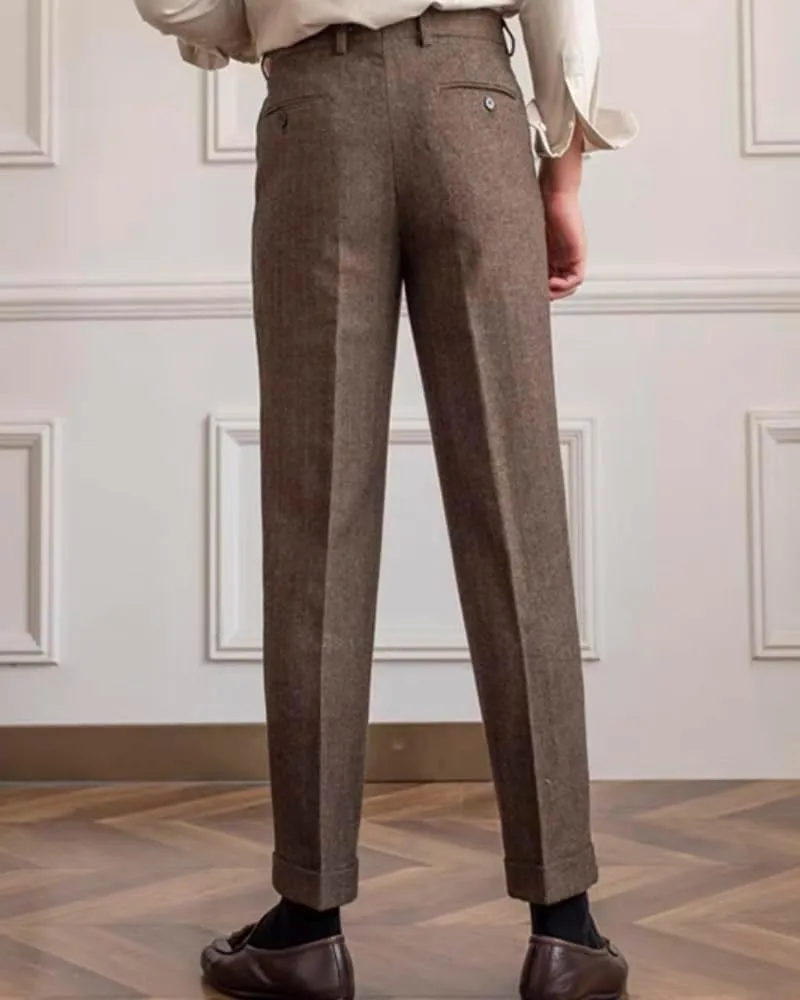 Men's High Waisted Tweed Dress Pants Pleated Front Vintage Wool Trousers