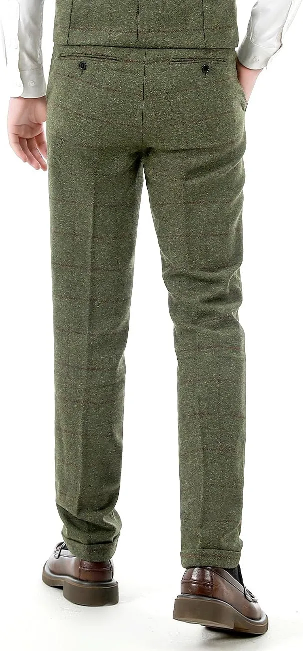 Men's Plaid Tweed Herringbone Suit Pants Casual Wool Vintage Dress Trousers