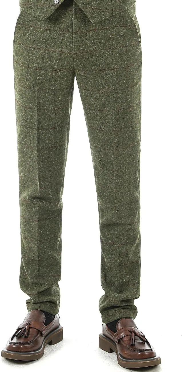 Men's Plaid Tweed Herringbone Suit Pants Casual Wool Vintage Dress Trousers