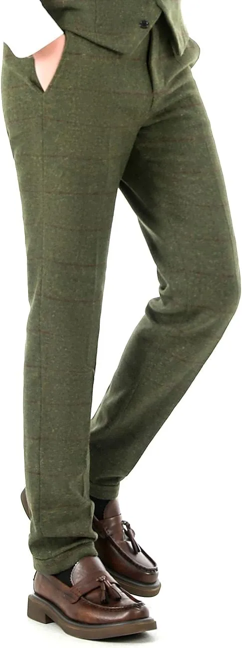 Men's Plaid Tweed Herringbone Suit Pants Casual Wool Vintage Dress Trousers