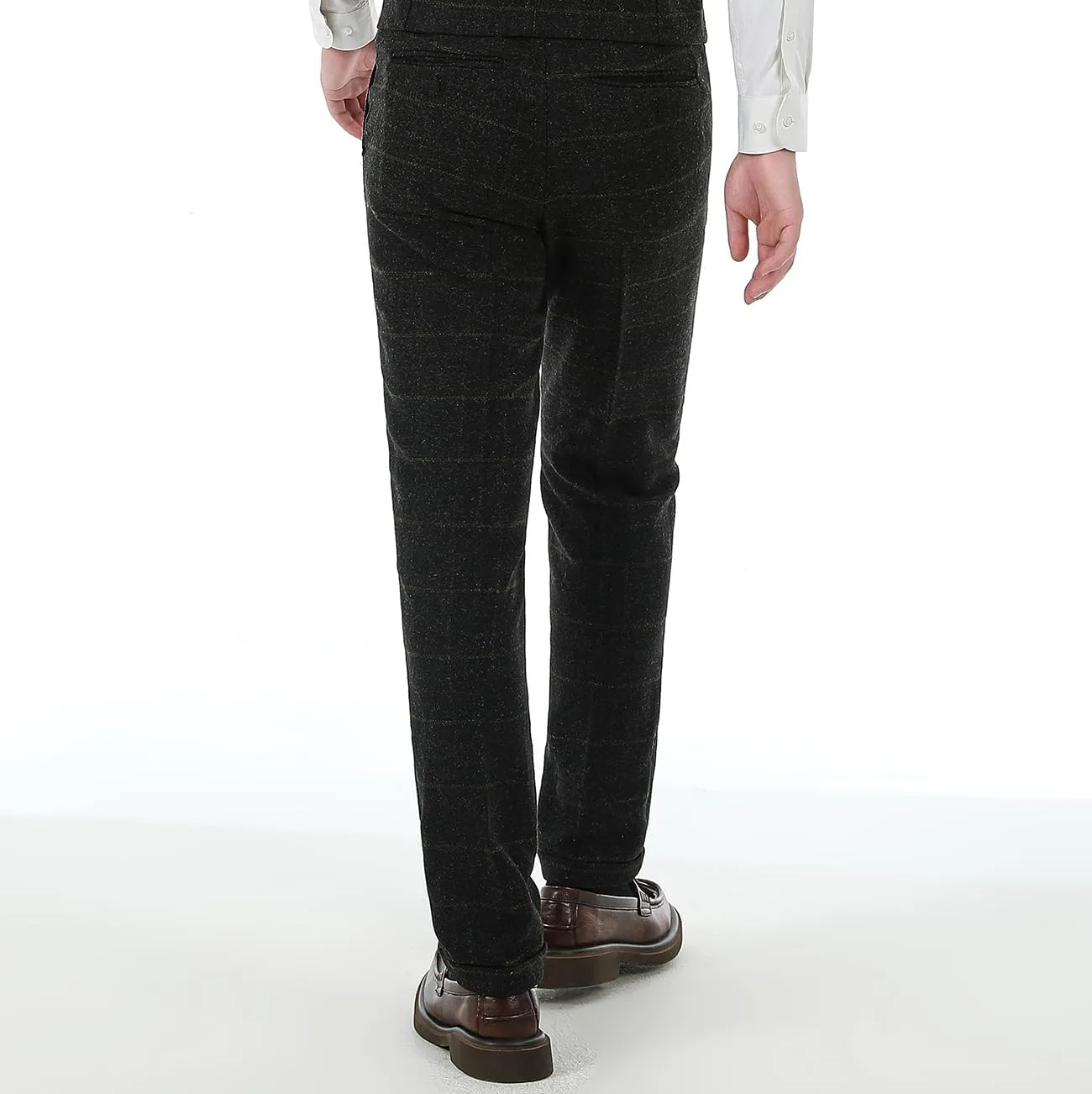 Men's Plaid Tweed Herringbone Suit Pants Casual Wool Vintage Dress Trousers