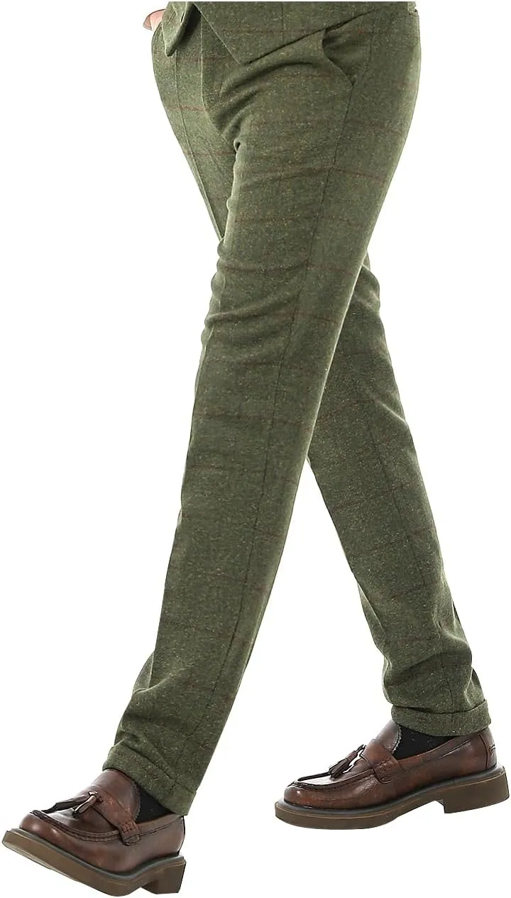 Men's Plaid Tweed Herringbone Suit Pants Casual Wool Vintage Dress Trousers