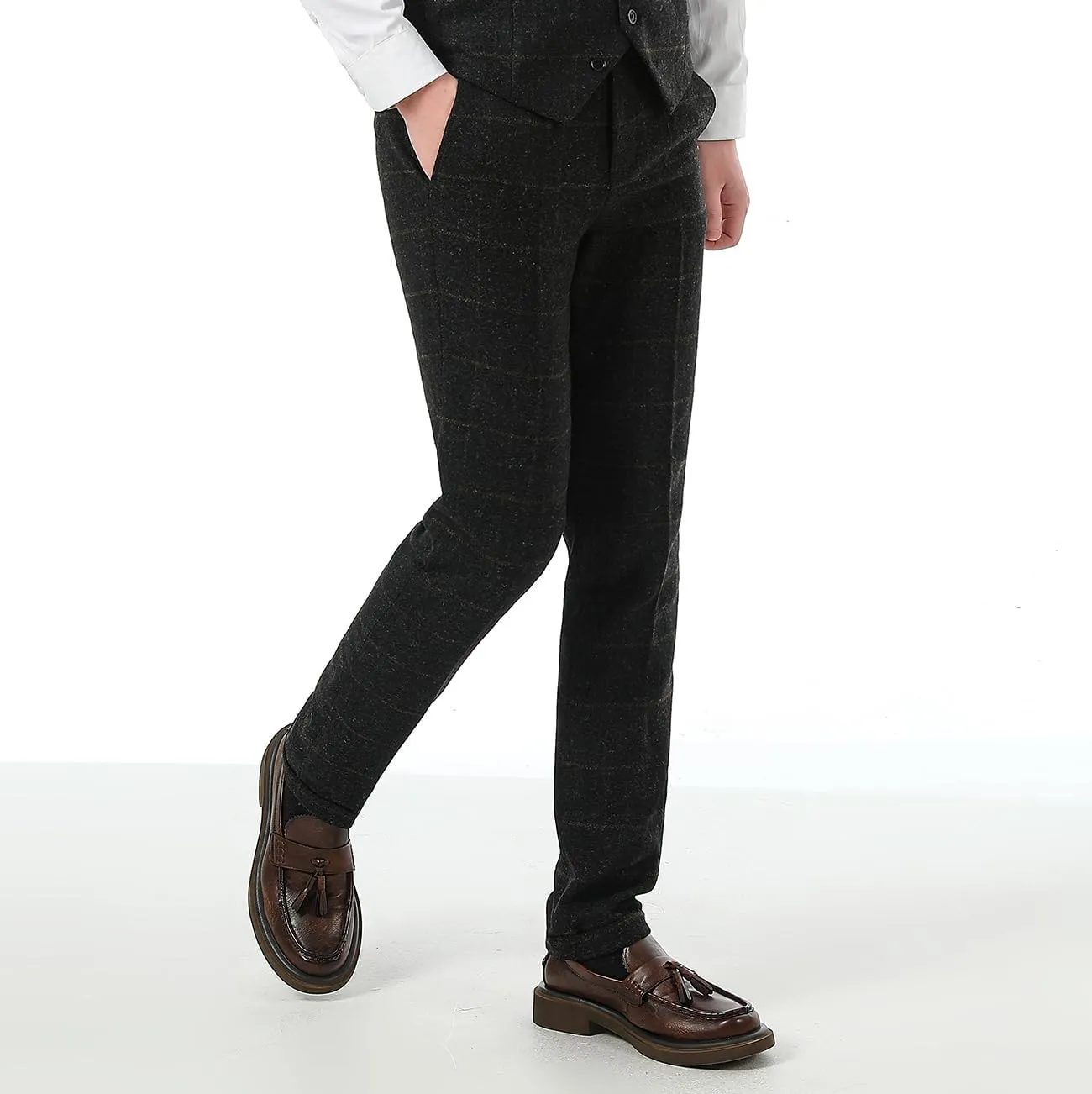 Men's Plaid Tweed Herringbone Suit Pants Casual Wool Vintage Dress Trousers