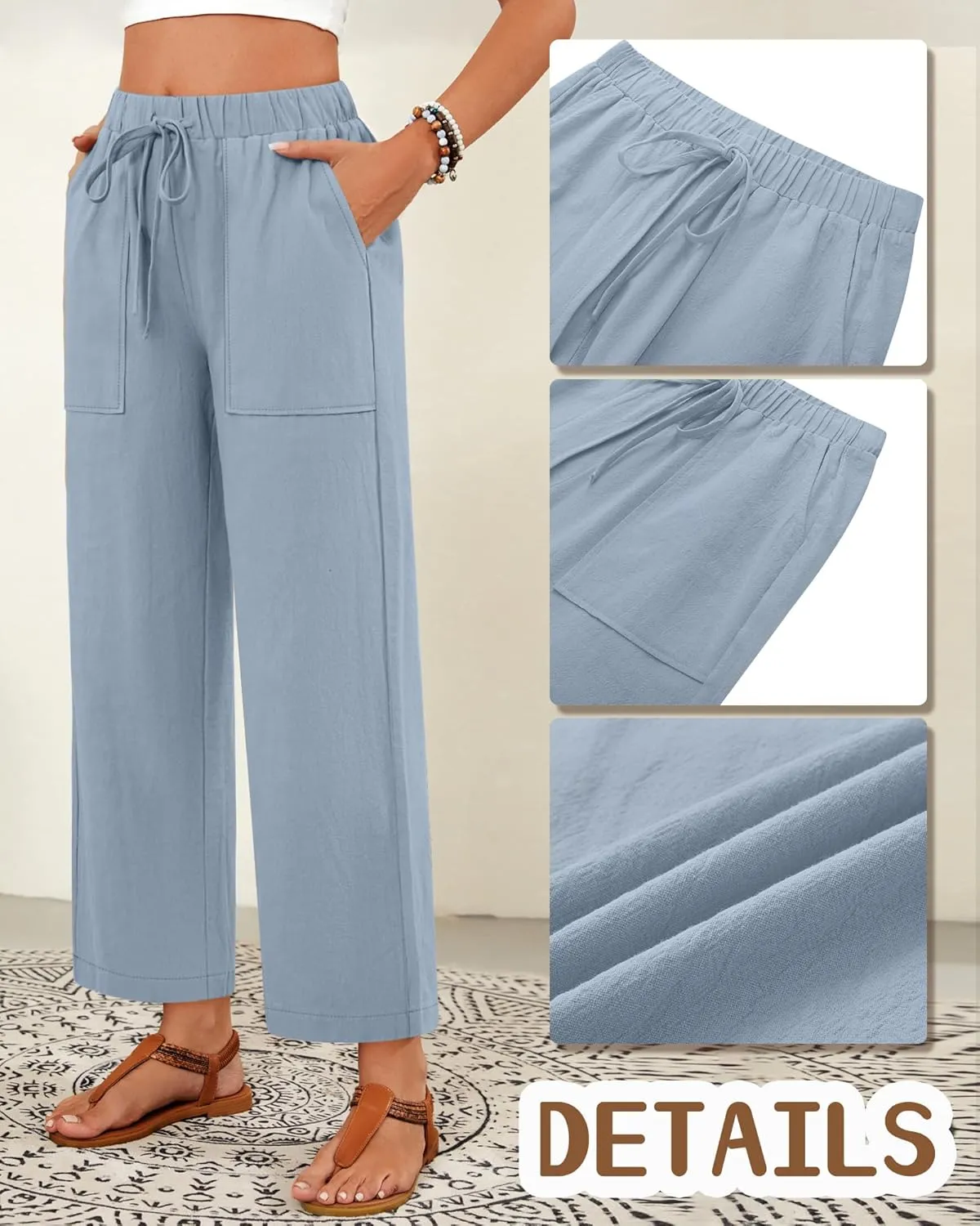 Neer 2 Pack Womens Linen Pants with Pocket, Casual Summer Drawstring Beach Pants High Waisted Wide Leg Loose Palazzo Trouser