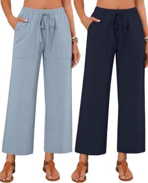 Neer 2 Pack Womens Linen Pants with Pocket, Casual Summer Drawstring Beach Pants High Waisted Wide Leg Loose Palazzo Trouser