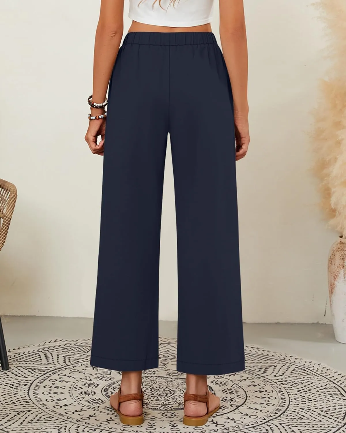 Neer 2 Pack Womens Linen Pants with Pocket, Casual Summer Drawstring Beach Pants High Waisted Wide Leg Loose Palazzo Trouser