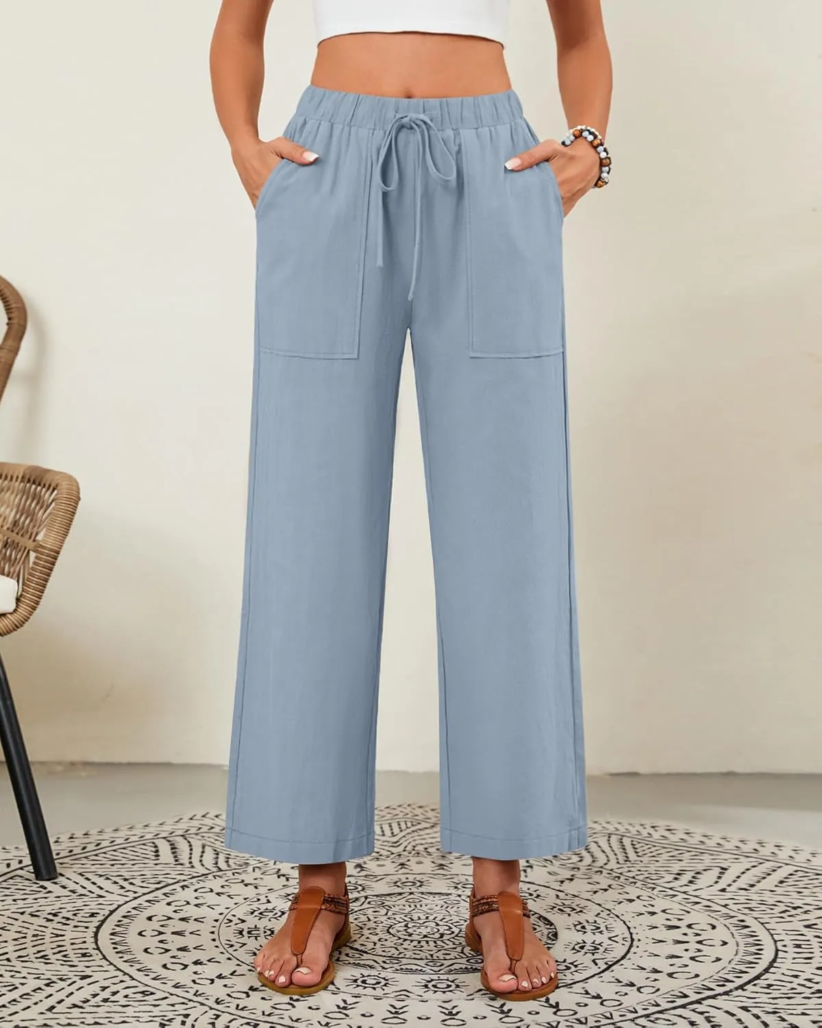 Neer 2 Pack Womens Linen Pants with Pocket, Casual Summer Drawstring Beach Pants High Waisted Wide Leg Loose Palazzo Trouser