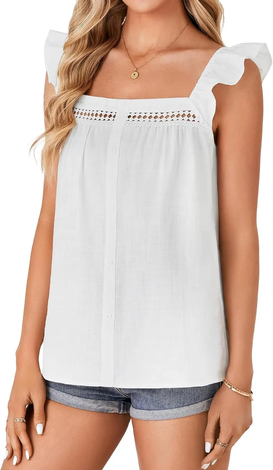 Rooscier Women's Cotton Square Neck Ruffle Sleeveless Lace Crochet Loose Casual Tank Tops