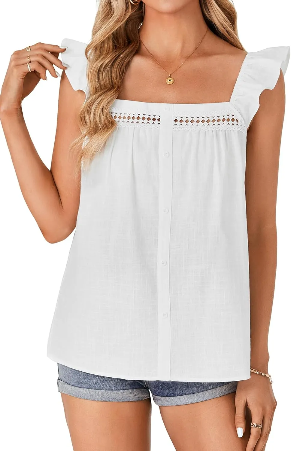 Rooscier Women's Cotton Square Neck Ruffle Sleeveless Lace Crochet Loose Casual Tank Tops