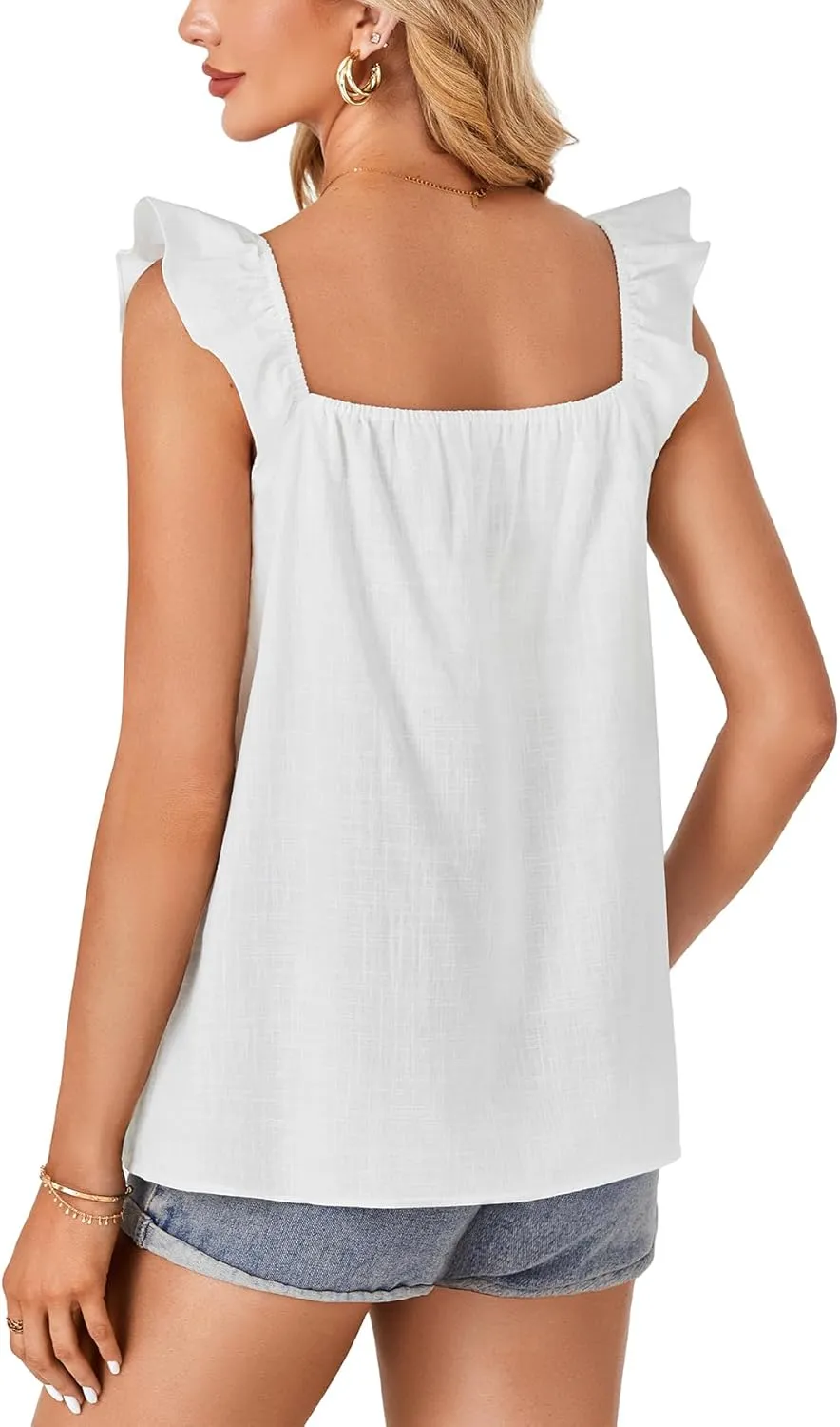 Rooscier Women's Cotton Square Neck Ruffle Sleeveless Lace Crochet Loose Casual Tank Tops