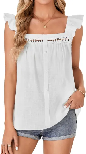 Rooscier Women's Cotton Square Neck Ruffle Sleeveless Lace Crochet Loose Casual Tank Tops