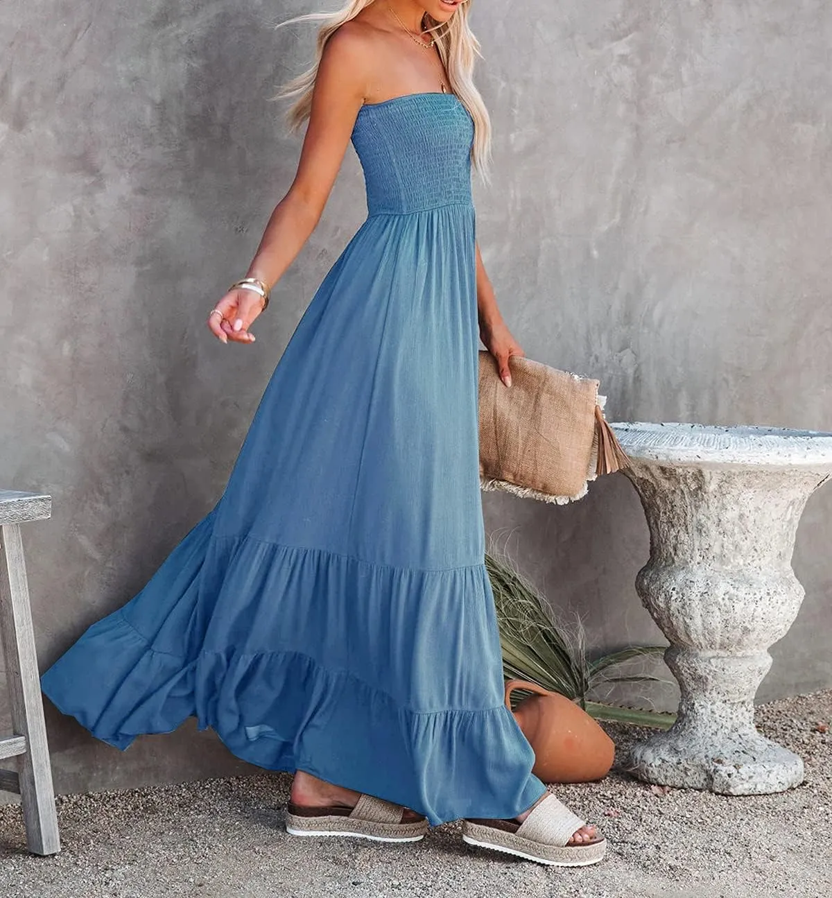 R.Vivimos Womens Summer Cotton Strapless Elastic Smocked Boho Beach Casual Flowy Maxi Tube Dresses