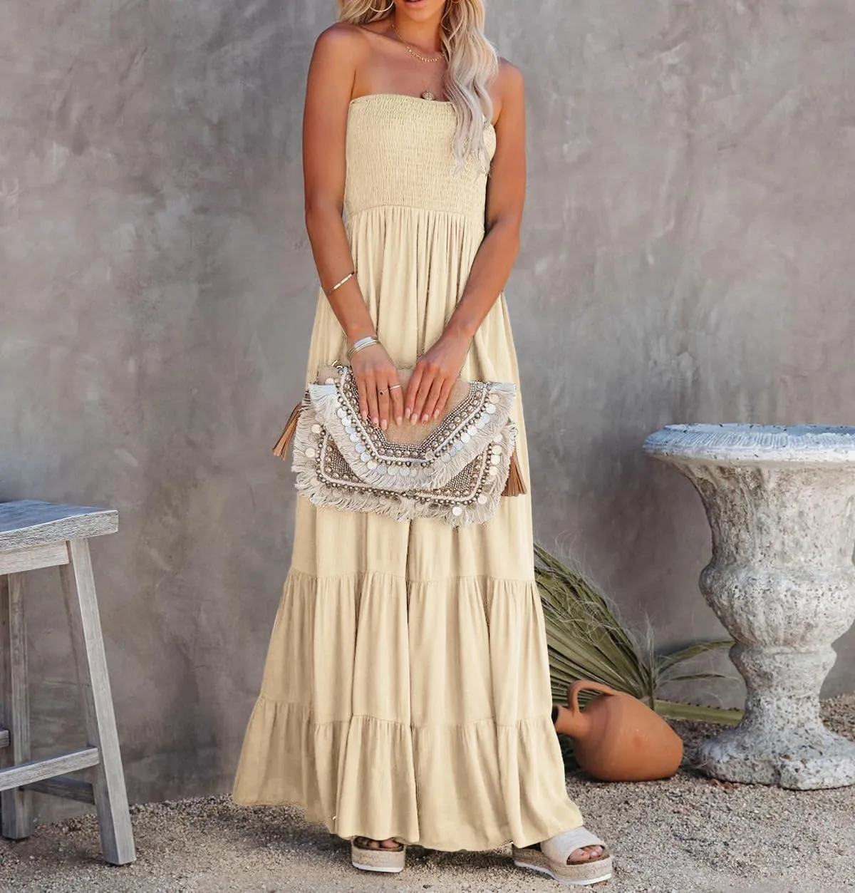 R.Vivimos Womens Summer Cotton Strapless Elastic Smocked Boho Beach Casual Flowy Maxi Tube Dresses