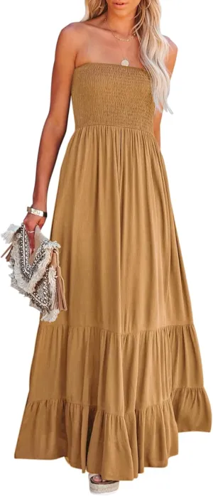R.Vivimos Womens Summer Cotton Strapless Elastic Smocked Boho Beach Casual Flowy Maxi Tube Dresses