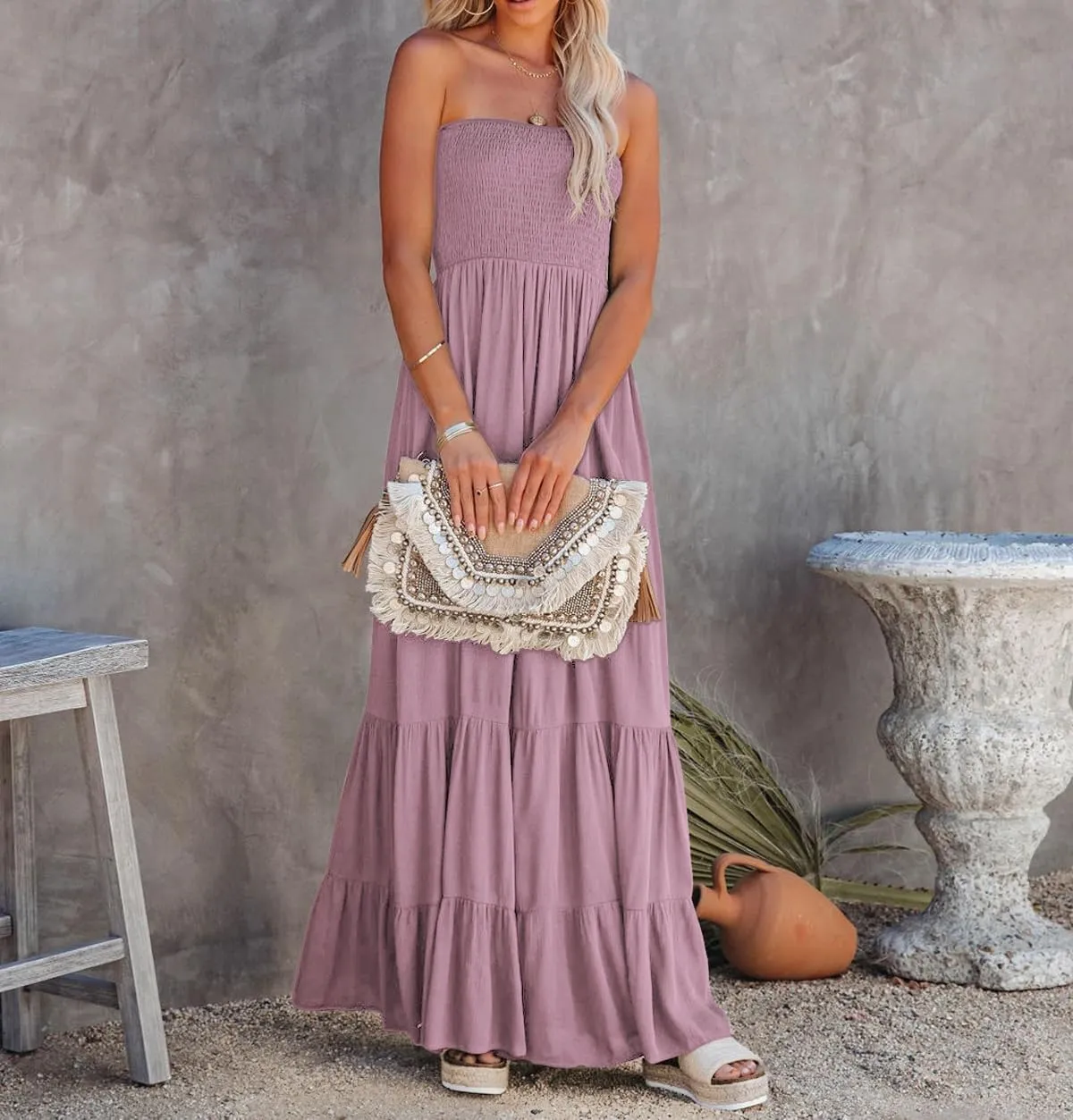 R.Vivimos Womens Summer Cotton Strapless Elastic Smocked Boho Beach Casual Flowy Maxi Tube Dresses