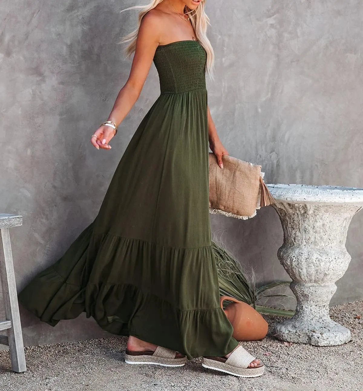 R.Vivimos Womens Summer Cotton Strapless Elastic Smocked Boho Beach Casual Flowy Maxi Tube Dresses