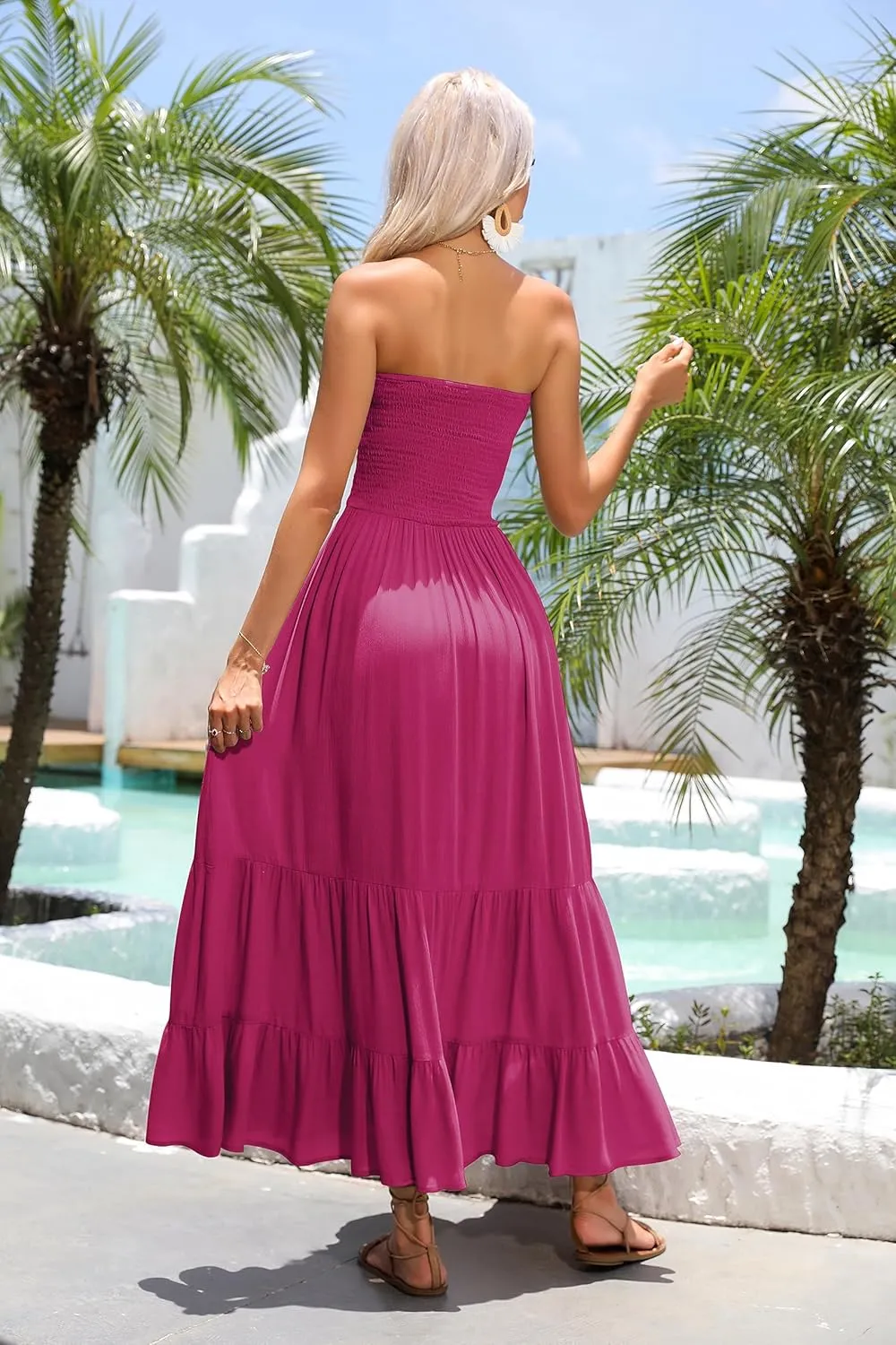 R.Vivimos Womens Summer Cotton Strapless Elastic Smocked Boho Beach Casual Flowy Maxi Tube Dresses