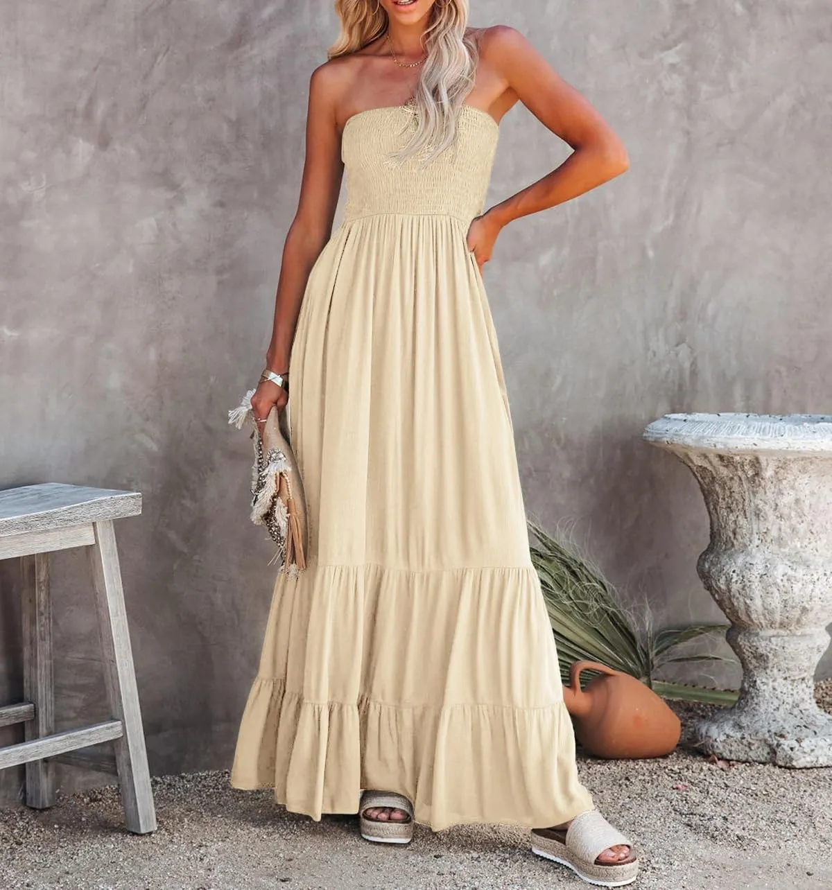 R.Vivimos Womens Summer Cotton Strapless Elastic Smocked Boho Beach Casual Flowy Maxi Tube Dresses