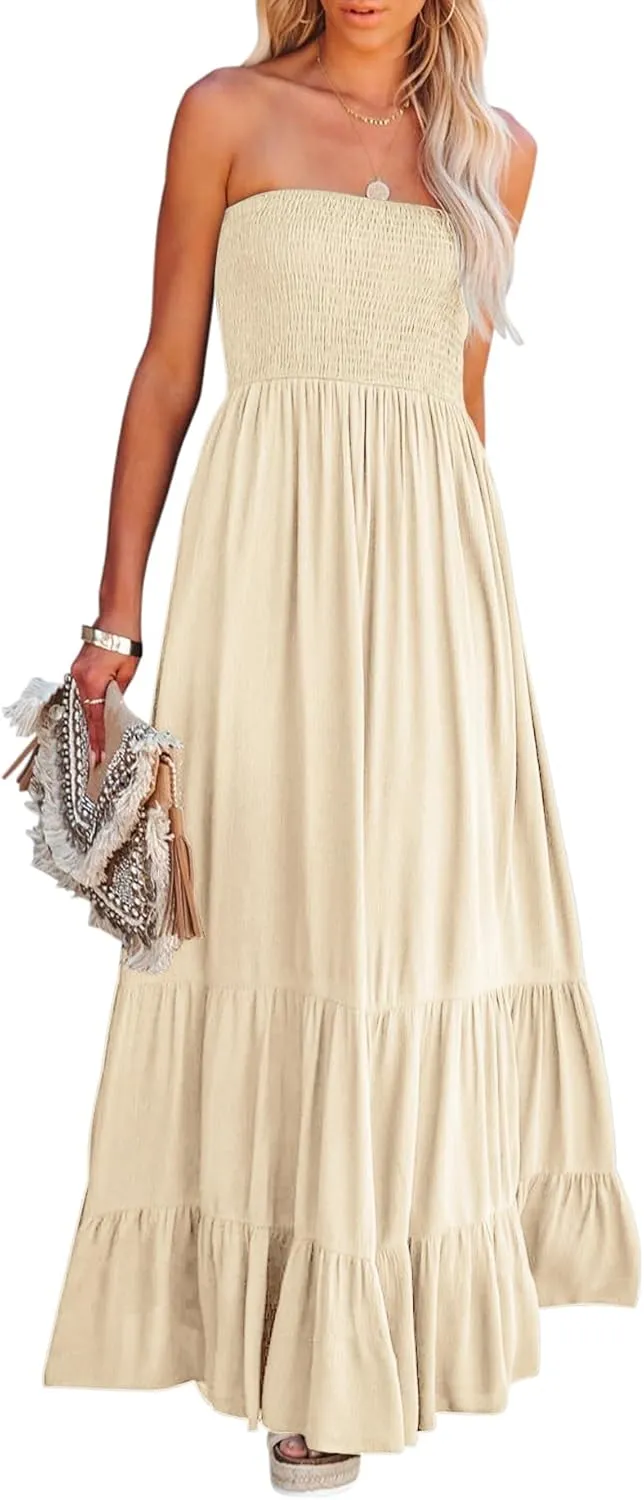 R.Vivimos Womens Summer Cotton Strapless Elastic Smocked Boho Beach Casual Flowy Maxi Tube Dresses