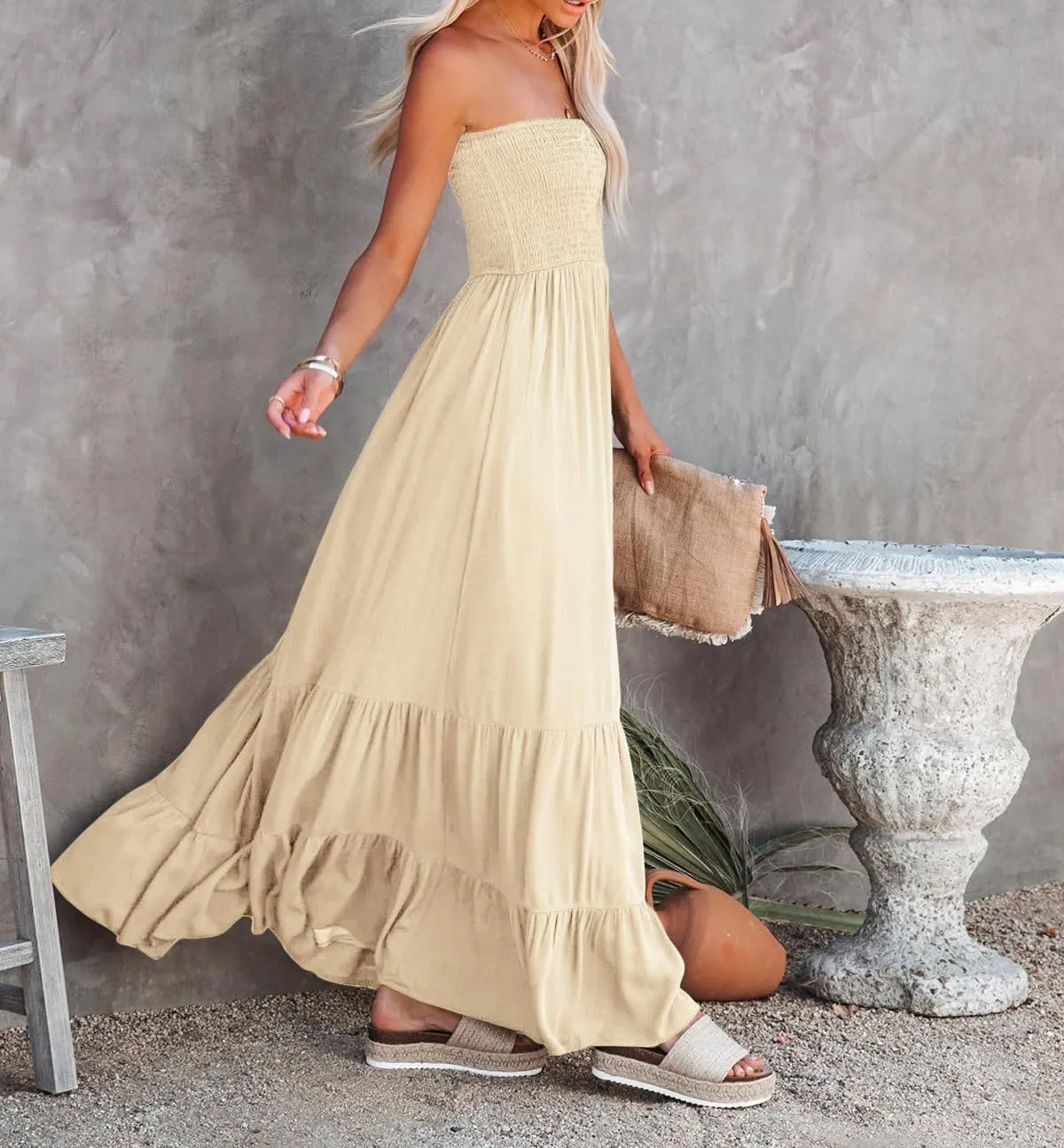 R.Vivimos Womens Summer Cotton Strapless Elastic Smocked Boho Beach Casual Flowy Maxi Tube Dresses
