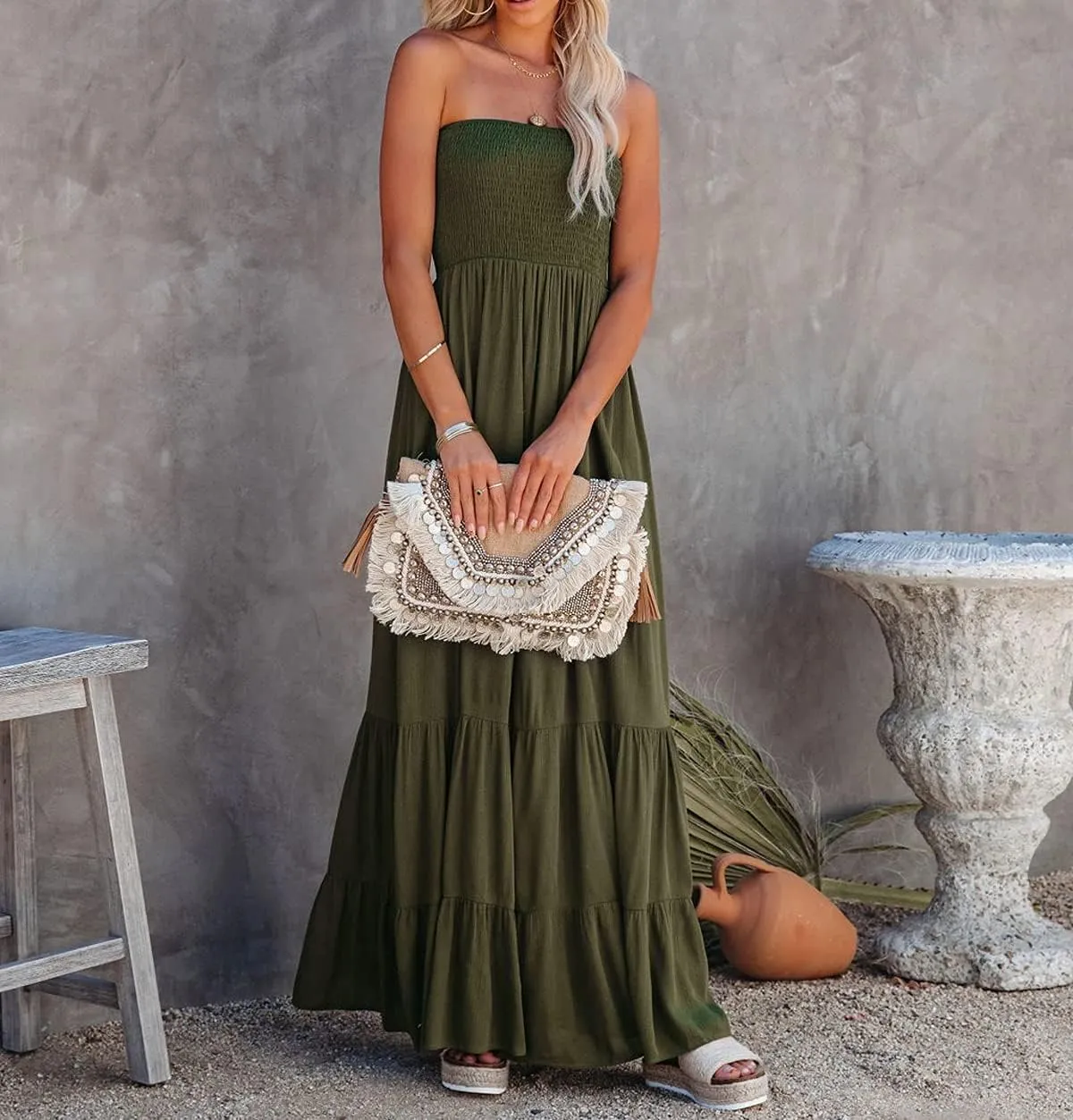 R.Vivimos Womens Summer Cotton Strapless Elastic Smocked Boho Beach Casual Flowy Maxi Tube Dresses