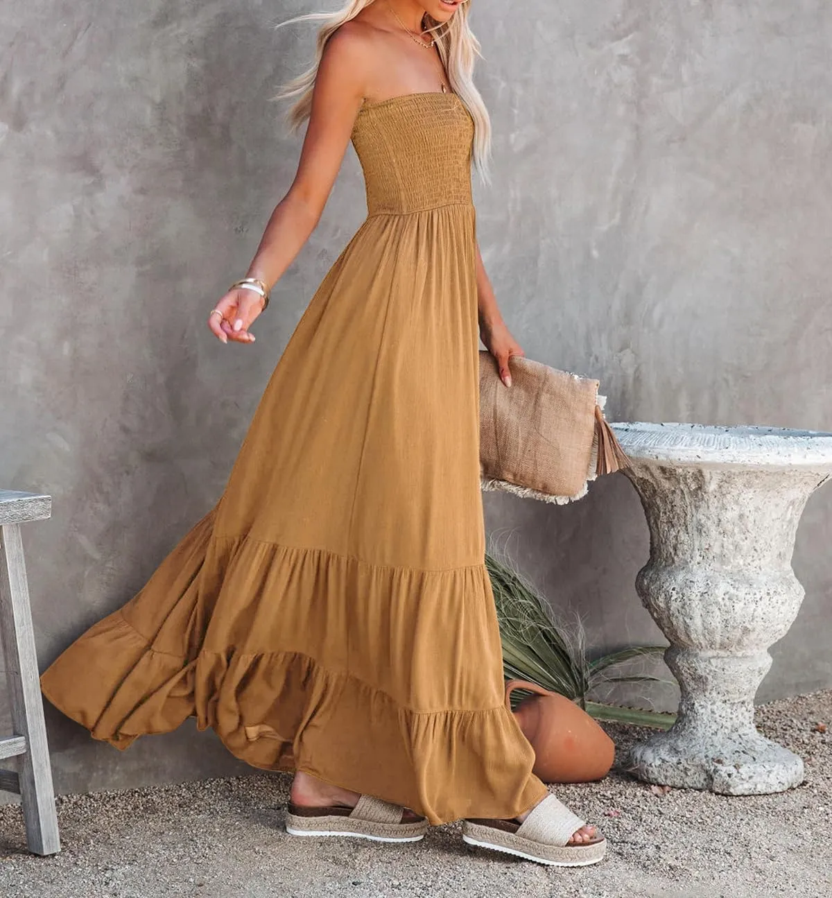 R.Vivimos Womens Summer Cotton Strapless Elastic Smocked Boho Beach Casual Flowy Maxi Tube Dresses