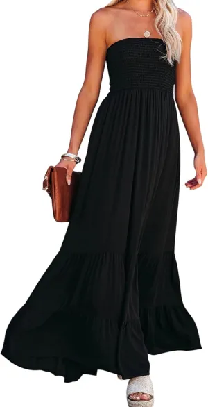 R.Vivimos Womens Summer Cotton Strapless Elastic Smocked Boho Beach Casual Flowy Maxi Tube Dresses