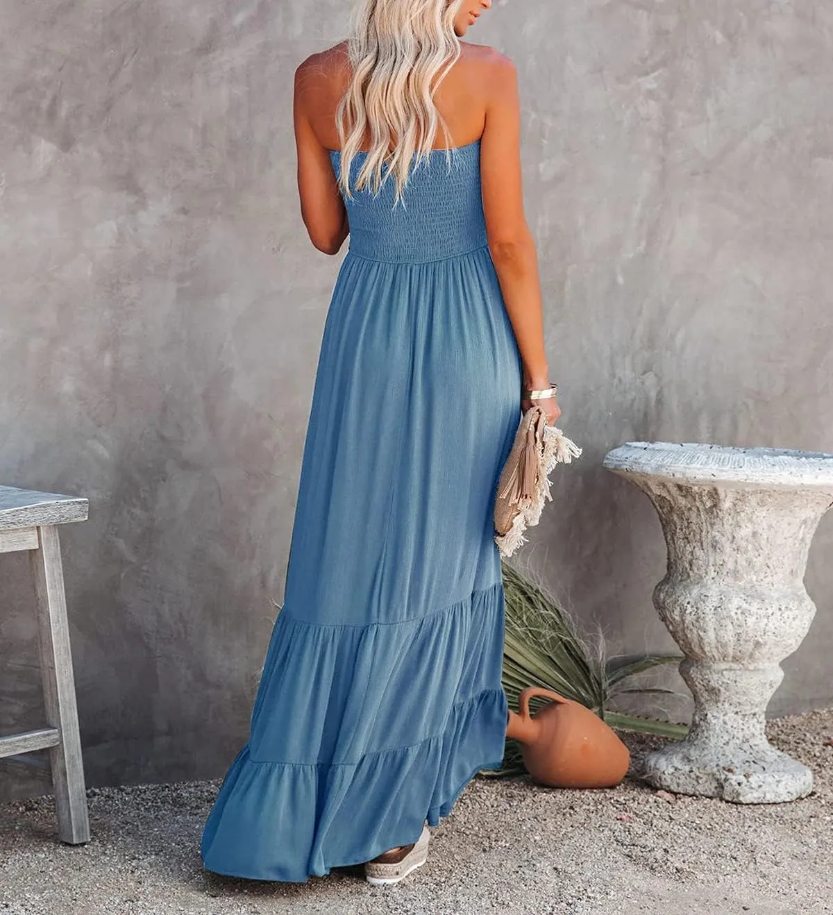 R.Vivimos Womens Summer Cotton Strapless Elastic Smocked Boho Beach Casual Flowy Maxi Tube Dresses