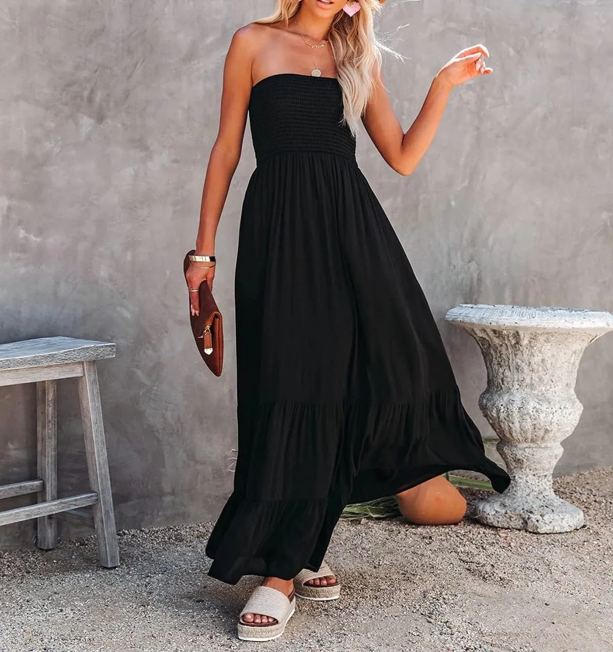 R.Vivimos Womens Summer Cotton Strapless Elastic Smocked Boho Beach Casual Flowy Maxi Tube Dresses