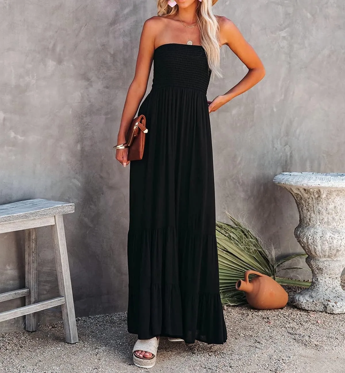 R.Vivimos Womens Summer Cotton Strapless Elastic Smocked Boho Beach Casual Flowy Maxi Tube Dresses