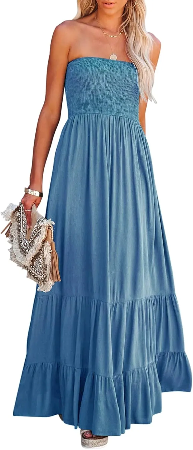 R.Vivimos Womens Summer Cotton Strapless Elastic Smocked Boho Beach Casual Flowy Maxi Tube Dresses