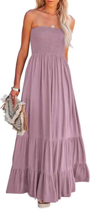 R.Vivimos Womens Summer Cotton Strapless Elastic Smocked Boho Beach Casual Flowy Maxi Tube Dresses