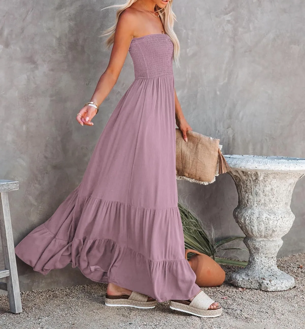 R.Vivimos Womens Summer Cotton Strapless Elastic Smocked Boho Beach Casual Flowy Maxi Tube Dresses