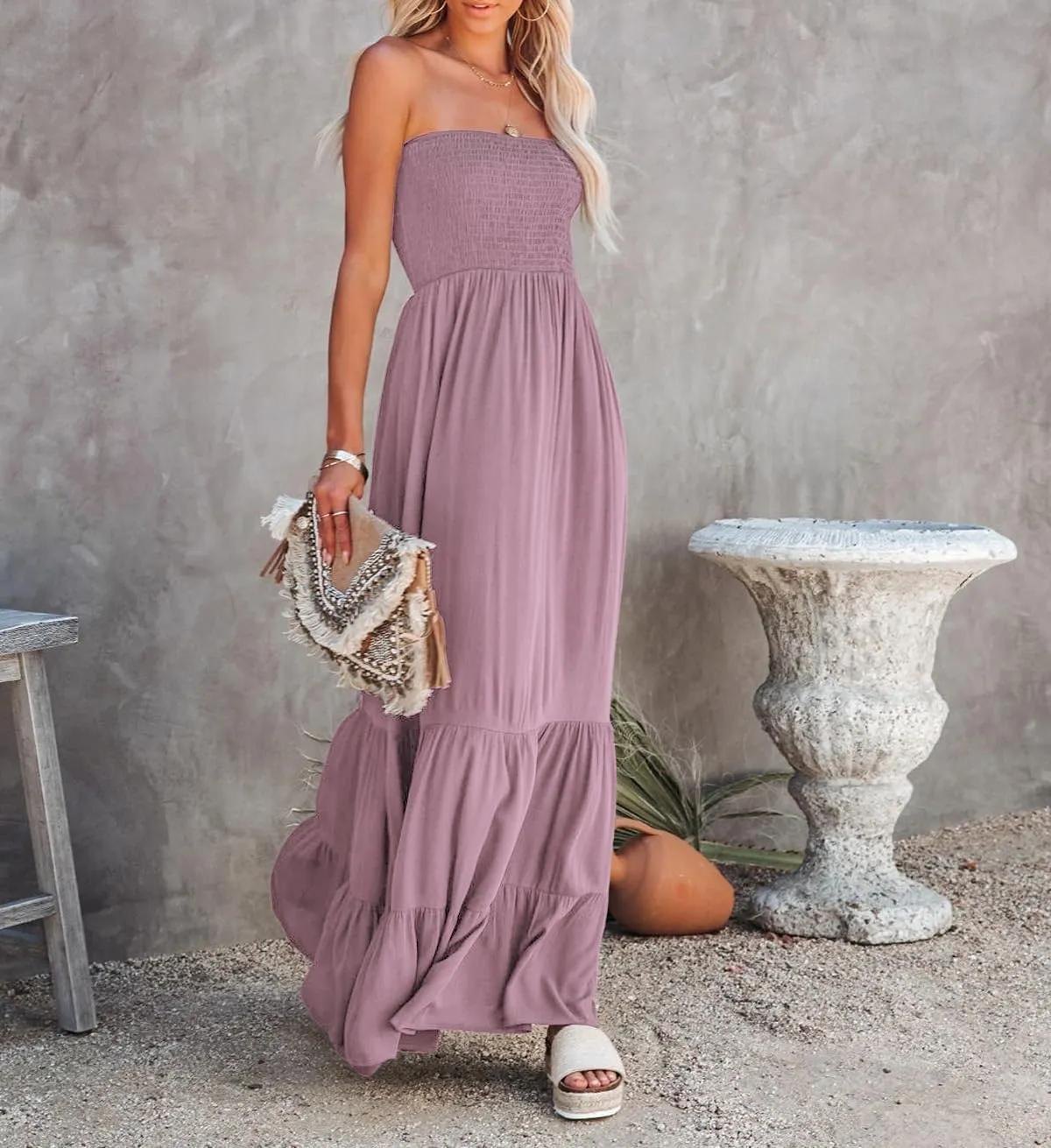 R.Vivimos Womens Summer Cotton Strapless Elastic Smocked Boho Beach Casual Flowy Maxi Tube Dresses