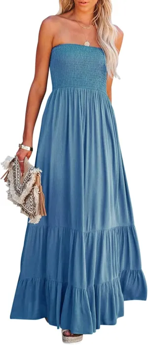R.Vivimos Womens Summer Cotton Strapless Elastic Smocked Boho Beach Casual Flowy Maxi Tube Dresses