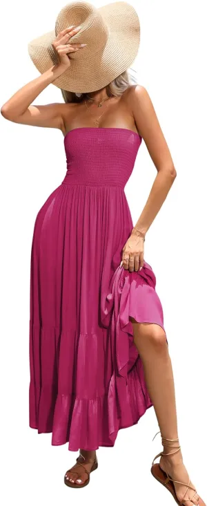 R.Vivimos Womens Summer Cotton Strapless Elastic Smocked Boho Beach Casual Flowy Maxi Tube Dresses