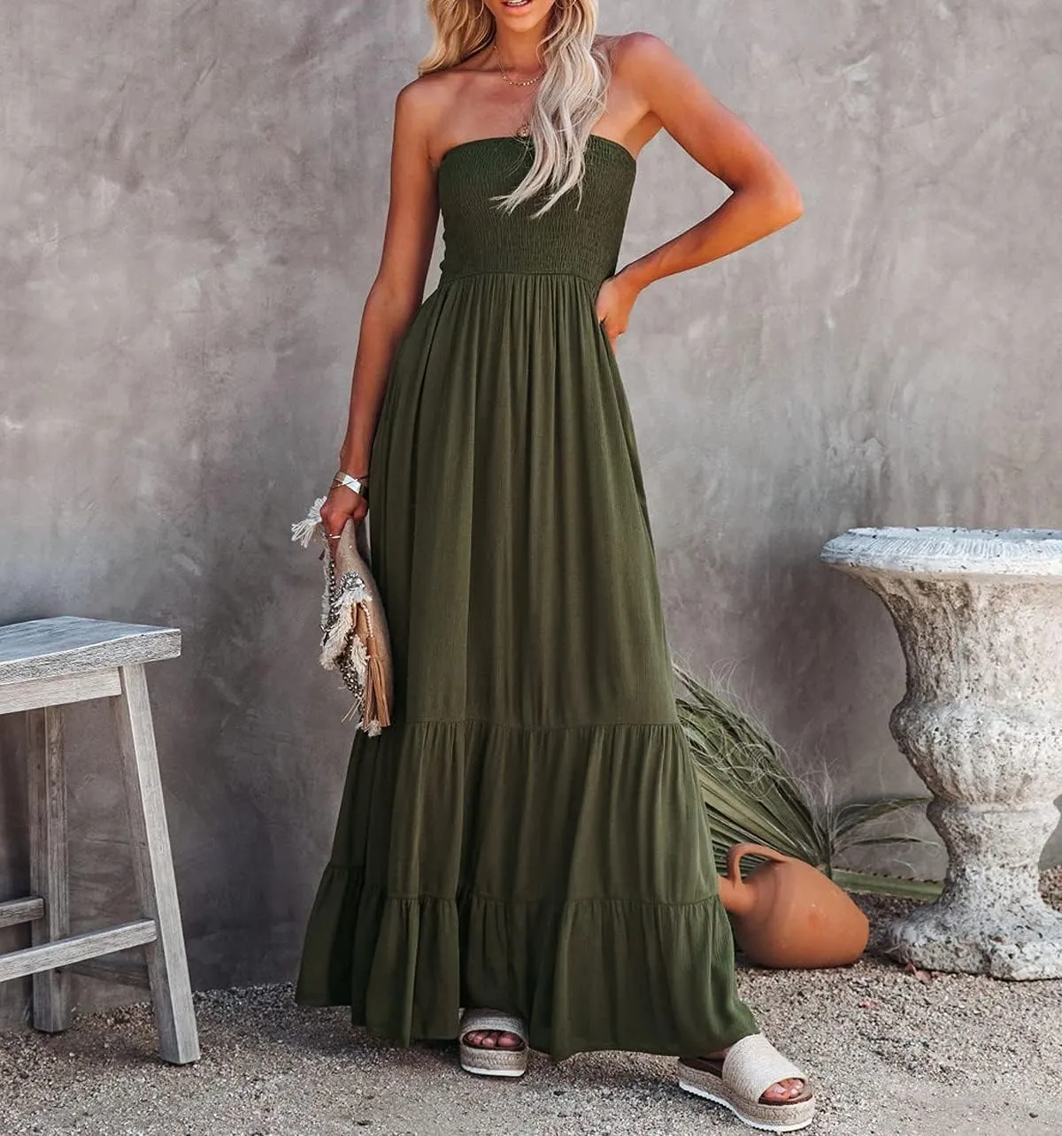 R.Vivimos Womens Summer Cotton Strapless Elastic Smocked Boho Beach Casual Flowy Maxi Tube Dresses
