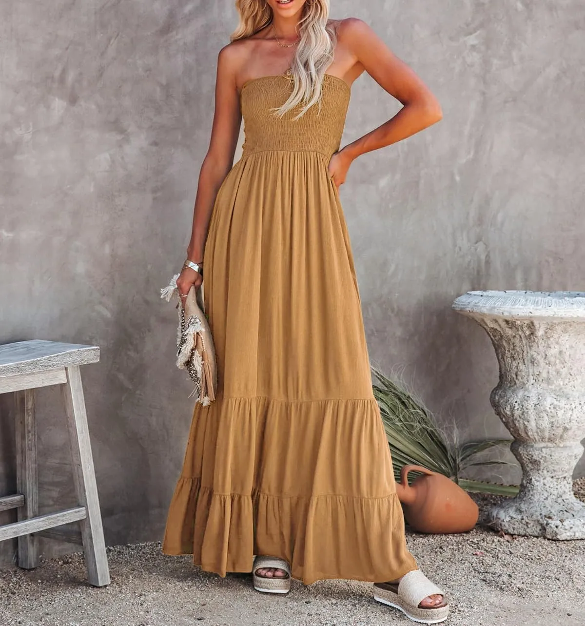 R.Vivimos Womens Summer Cotton Strapless Elastic Smocked Boho Beach Casual Flowy Maxi Tube Dresses