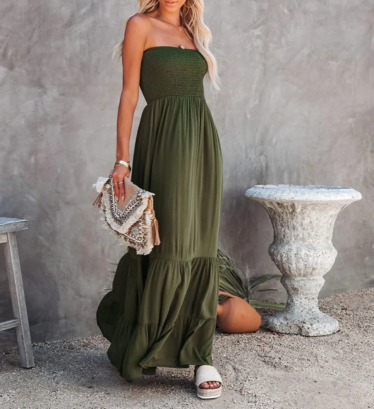 R.Vivimos Womens Summer Cotton Strapless Elastic Smocked Boho Beach Casual Flowy Maxi Tube Dresses