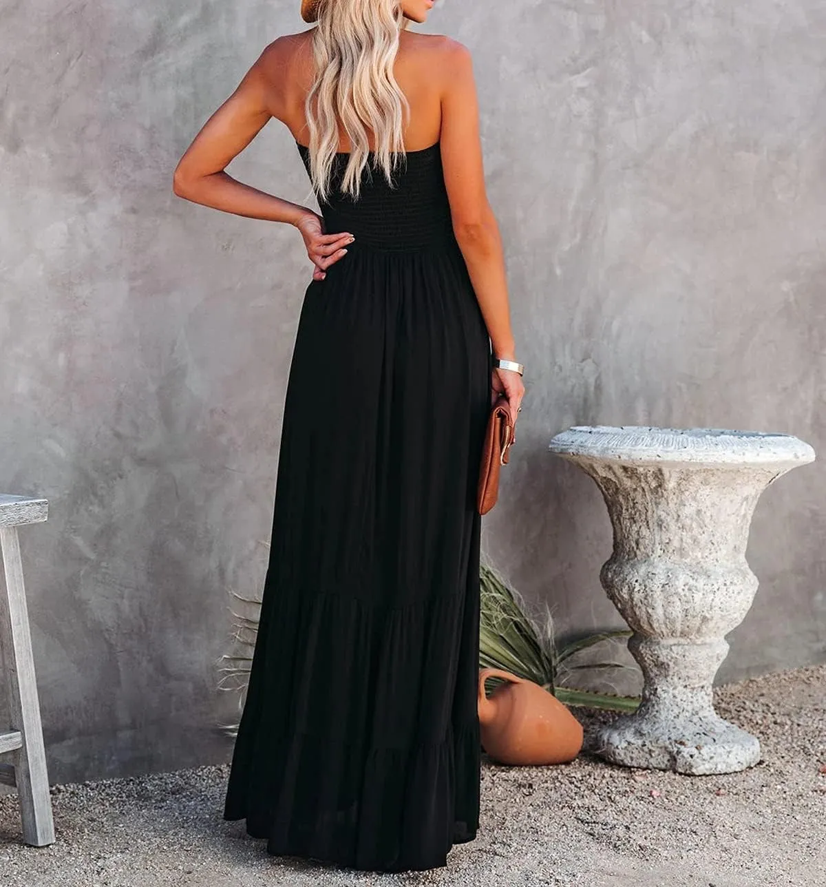 R.Vivimos Womens Summer Cotton Strapless Elastic Smocked Boho Beach Casual Flowy Maxi Tube Dresses