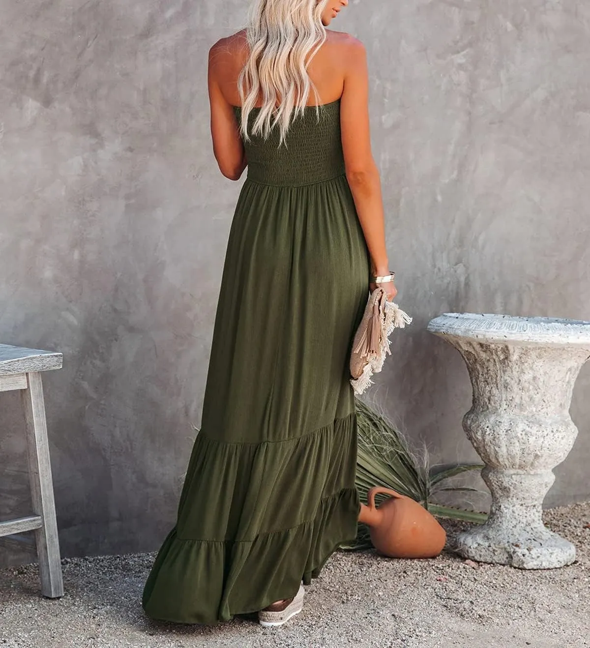 R.Vivimos Womens Summer Cotton Strapless Elastic Smocked Boho Beach Casual Flowy Maxi Tube Dresses