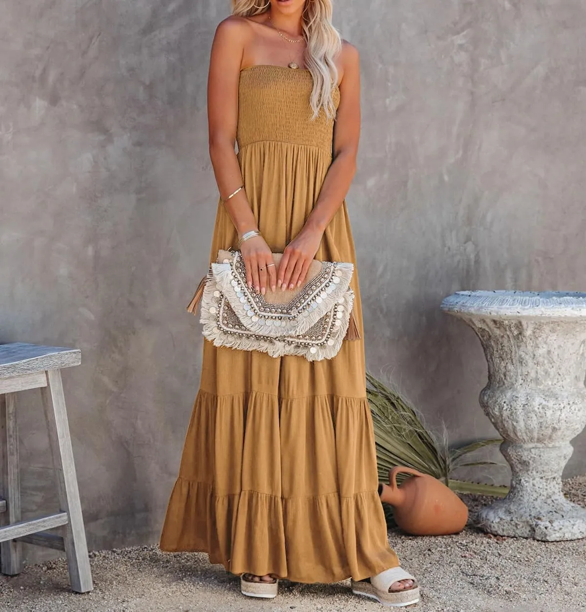 R.Vivimos Womens Summer Cotton Strapless Elastic Smocked Boho Beach Casual Flowy Maxi Tube Dresses