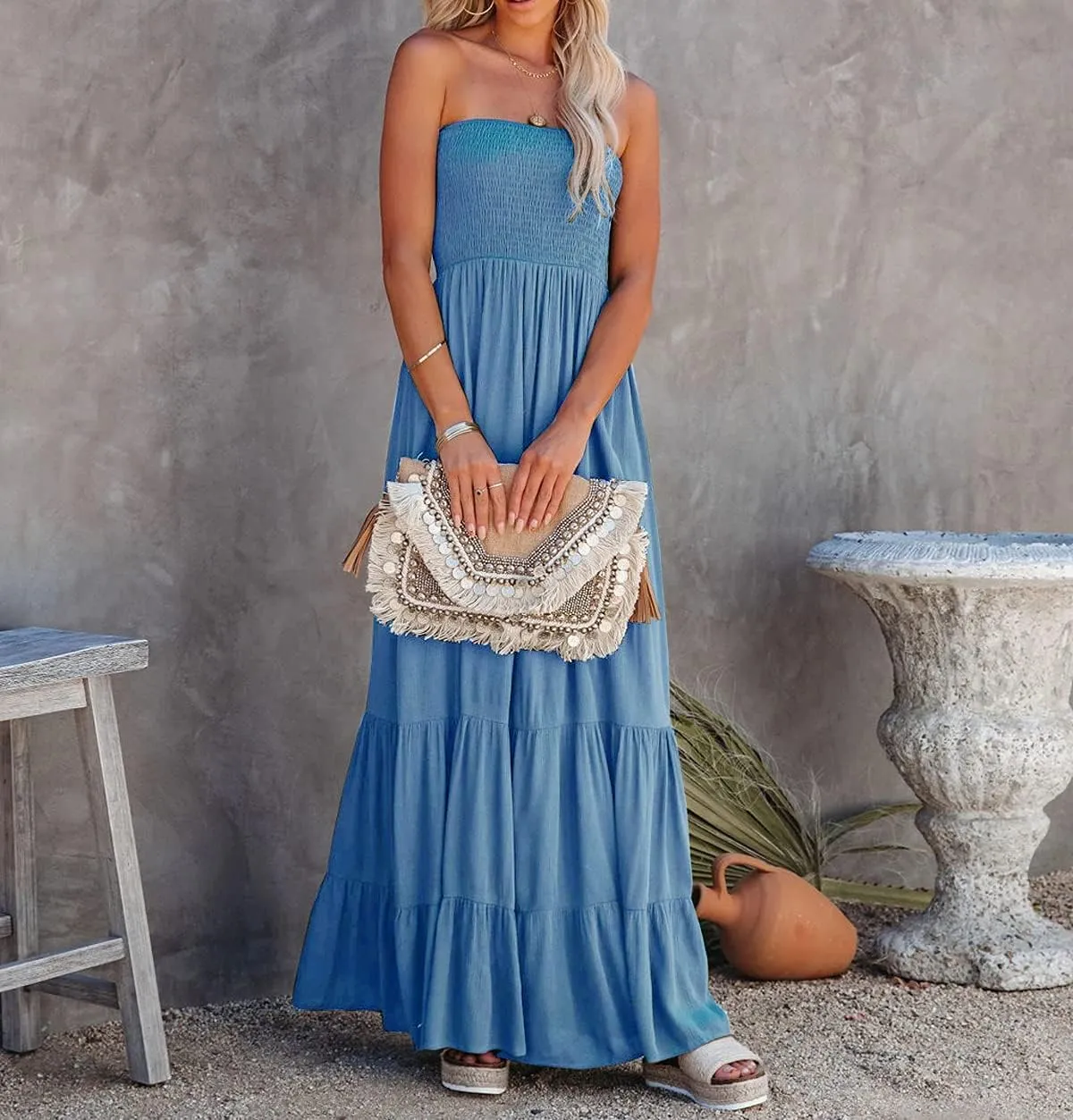 R.Vivimos Womens Summer Cotton Strapless Elastic Smocked Boho Beach Casual Flowy Maxi Tube Dresses