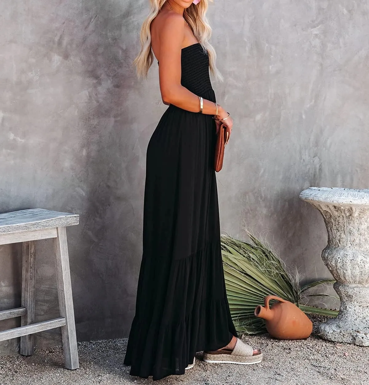 R.Vivimos Womens Summer Cotton Strapless Elastic Smocked Boho Beach Casual Flowy Maxi Tube Dresses