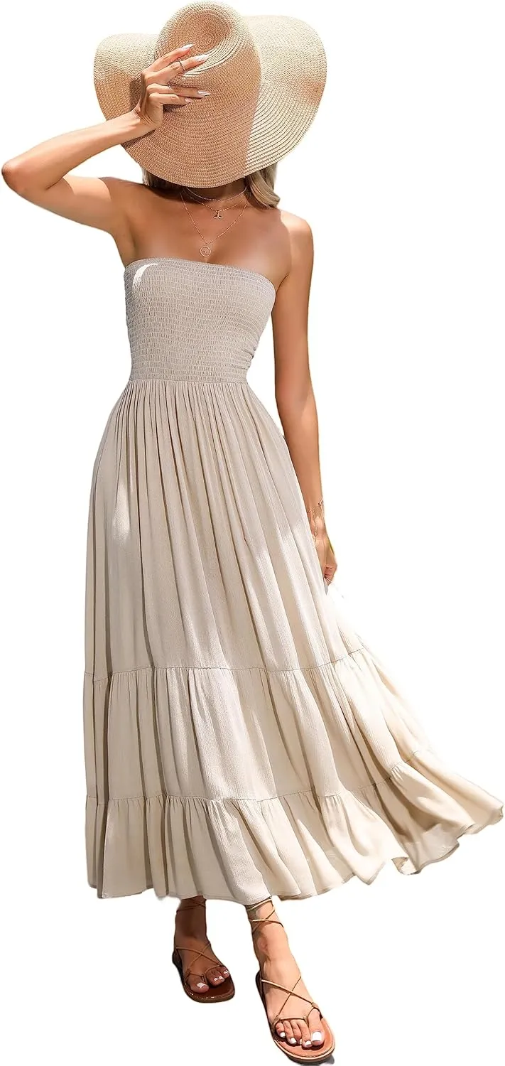 R.Vivimos Womens Summer Cotton Strapless Elastic Smocked Boho Beach Casual Flowy Maxi Tube Dresses