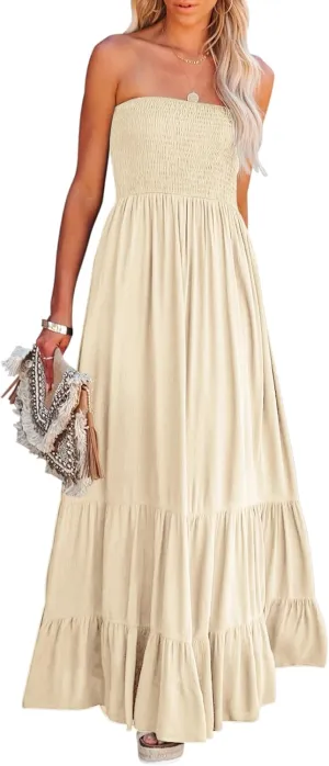 R.Vivimos Womens Summer Cotton Strapless Elastic Smocked Boho Beach Casual Flowy Maxi Tube Dresses