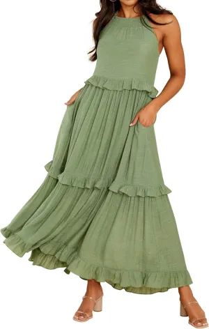 R.Vivimos Womens Summer Dress Cotton Sleeveless Halter Layered Ruffles Casual Boho Flowy Maxi Dress