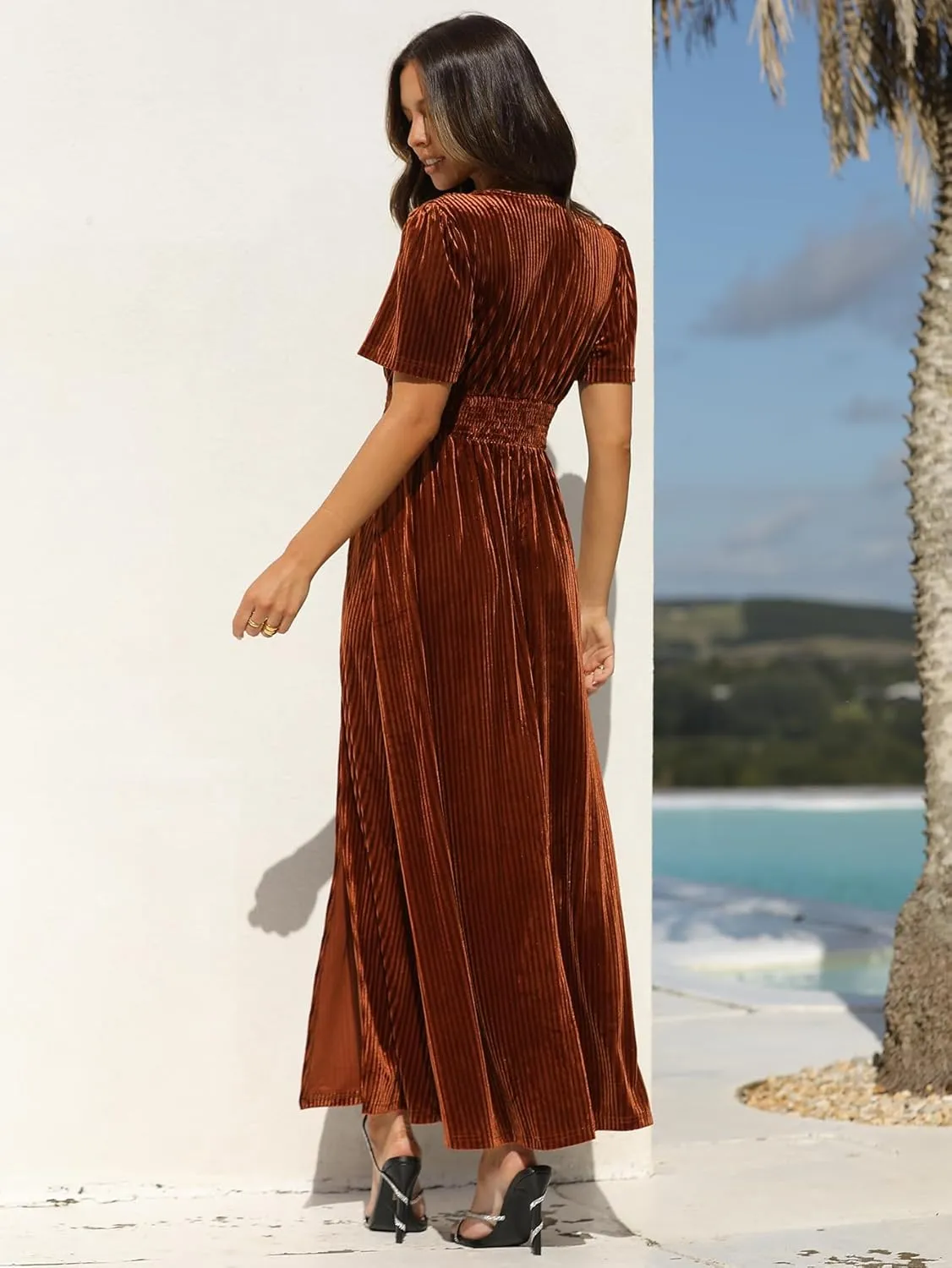 Sissyaki Women's Retro V-Neck Velvet Maxi Dress Wedding Guest Formal Party Long Dresses