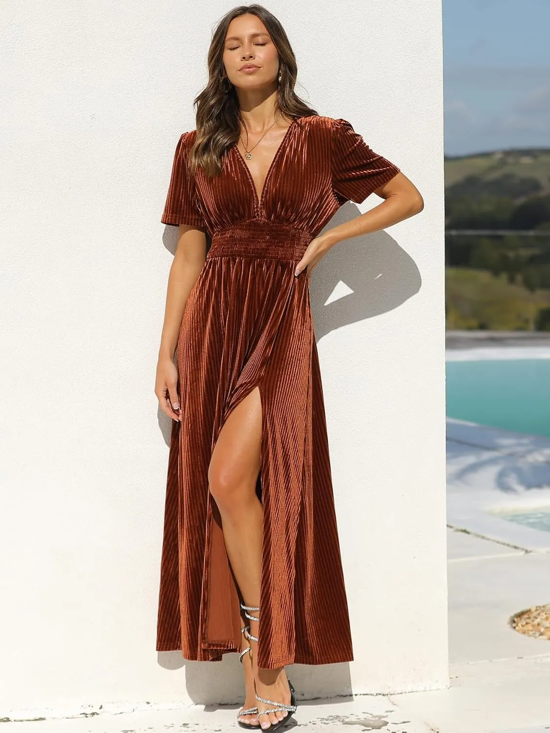 Sissyaki Women's Retro V-Neck Velvet Maxi Dress Wedding Guest Formal Party Long Dresses